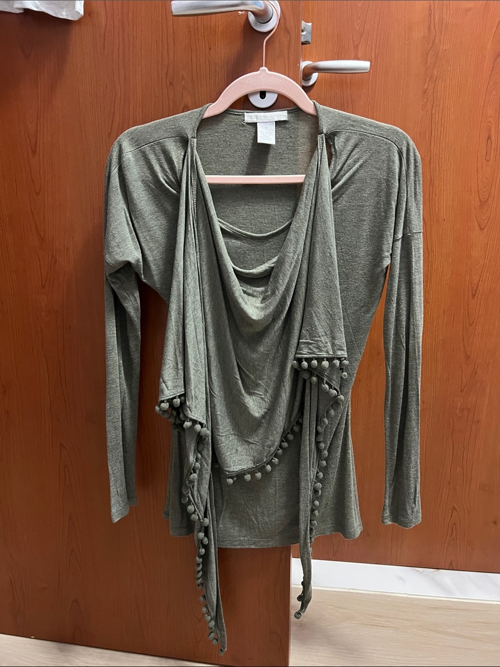 Design History Olive Green Draped Pom-Pom Top